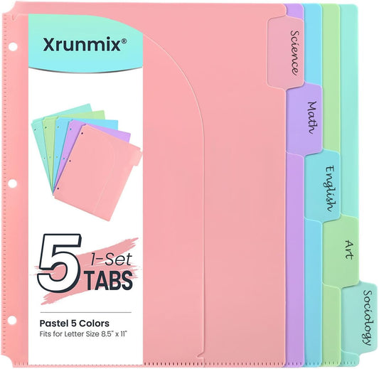 5-Tab Dividers for 3 Ring Binder, 15 Counts Binder Dividers Index with Pockets, 8.5 x 11'' Binder Dividers with 1/5 Cut Tabs for School Office (XY026) (3)