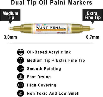 Betem 4 Count Dual Tip Oil Based Black White Paint Pen(0.7mm & 3mm), White Permanent Marker Black Paint Markers, Waterproof, Quick Dry, for Fabric, Rock Painting, Wood, Plastic, Ceramic, Metal, Canvas