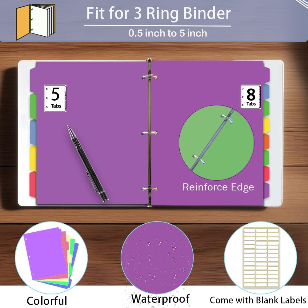 24Pcs/3 Sets Binder Dividers for 3 Ring Binder,8 Tab Binder Plastic Page dividers with Tab,8TAB Set,Multicolor