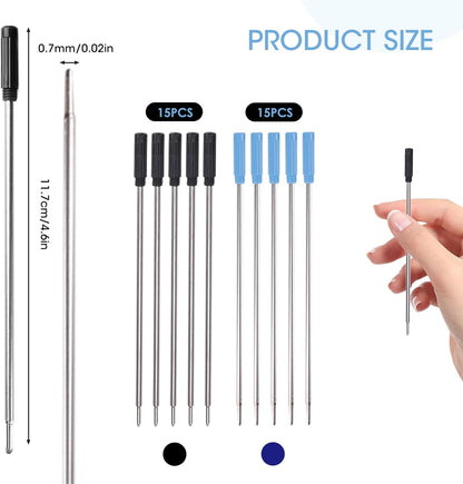 0.7 mm Ballpoint Ink Twist Pen Refills, 15 Pcs Medium Point Metal Smooth Writing Replaceable Ink Refill, Stationery Compatible for Cross Ballpoint Replacement (4.6in M) (Black+Red+Blue, 15)