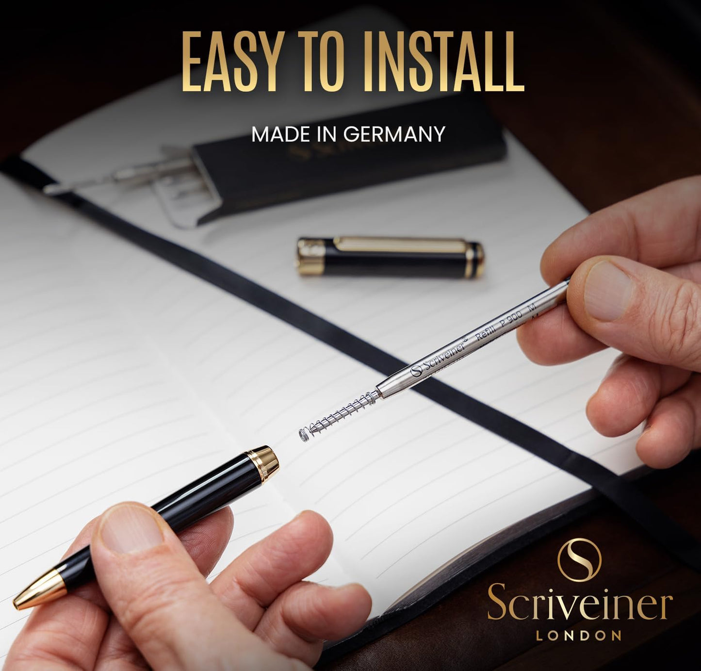 Scriveiner Ballpoint Refill Black Medium - 4 Ballpoint Refills Designed Pens - Stainless Steel Tip with Tungsten-Carbide Ball Refill M - Made in Germany
