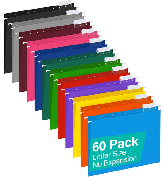 HERKKA Hanging File Folders, 60 Pack Reinforced Letter Size Hanging Folders with Heavy Duty 0 Inch Expansion, Designed for Bulky Files, Medical Charts, 1/5-Cut Adjustable Tabs, 12 Assorted Colors