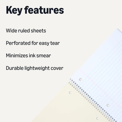 Amazon Basics College Ruled Spiral Notebook, For Work and School, 70 Sheets, 8" x 10.5", Assorted Solid Colors, 5 pack