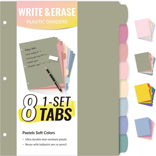 Sooez 8 Tabs Long-Lasting Plastic Write & Erase Large Tabs Dividers for 3 Ring Binder, Aesthetic Cute Pastels Binder Dividers for Student, Teacher, Office, Home Organizers, 1 Set, Pastels Color