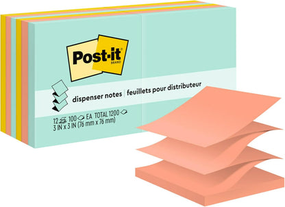 Post-it Pop-up Notes, 12 Sticky Note Pads, 3 x 3 in., School Supplies, Office Products, Accordion Sticky Notes Work with Pop-Up Note Dispenser, Beachside Café Collection
