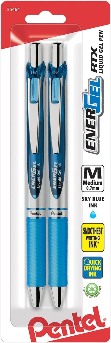 Pentel EnerGel RTX Retractable Liquid Gel Pen, Medium Line, Metal Tip, Pink/Violet Ink, 2-Pack (BL77BP2PV)