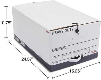 STAPLES Storage & Filing Box, Heavy-Duty with Handles & String-Button Lid, Letter Size Documents, Stackable, 4-Pack, White/Gray