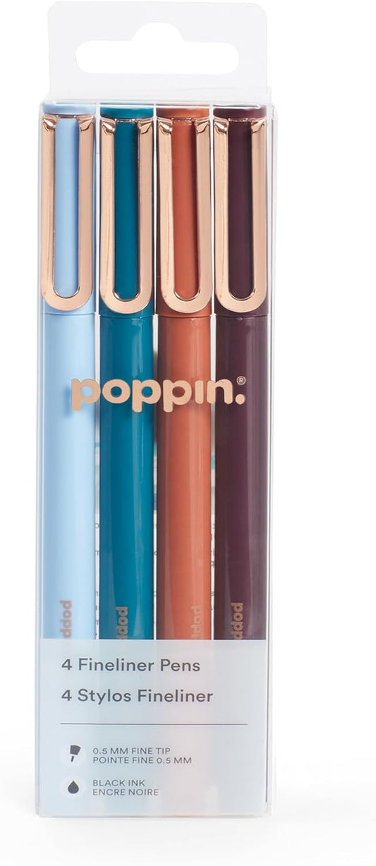 Poppin Fineliner Felt Tip Pens, Smooth Flow, Long Lasting Black Ink, Fine Point Tip, Ideal for Writing, Journaling, Sketching, Assorted Colors, Set of 4 (Assorted Velvet)