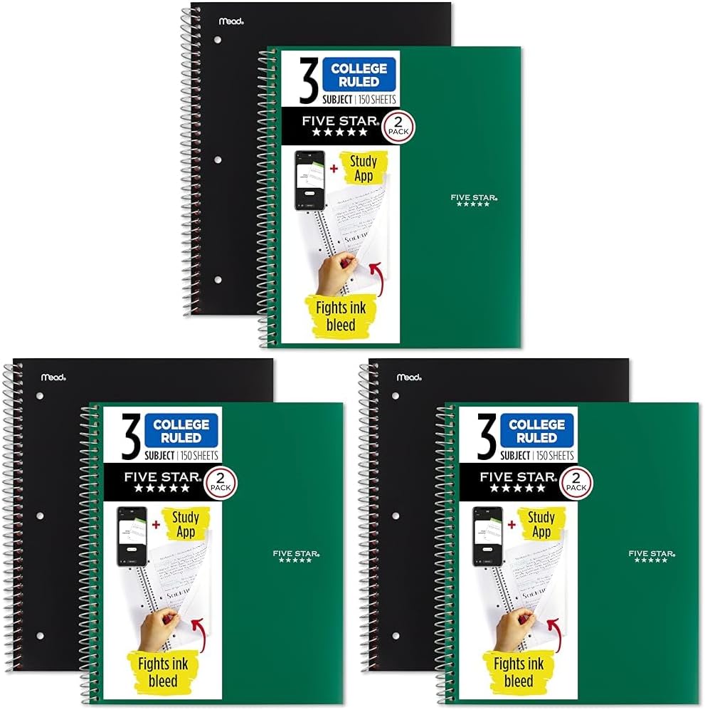 Five Star Spiral Notebook + Study App, 2 Pack, 3 Subject, College Ruled Paper, 8-1/2" x 11", 150 Sheets, Fights Ink Bleed, Water Resistant Cover, Black, Green (820191)