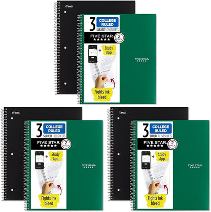 Five Star Spiral Notebook + Study App, 2 Pack, 3 Subject, College Ruled Paper, 8-1/2" x 11", 150 Sheets, Fights Ink Bleed, Water Resistant Cover, Black, Green (820191)