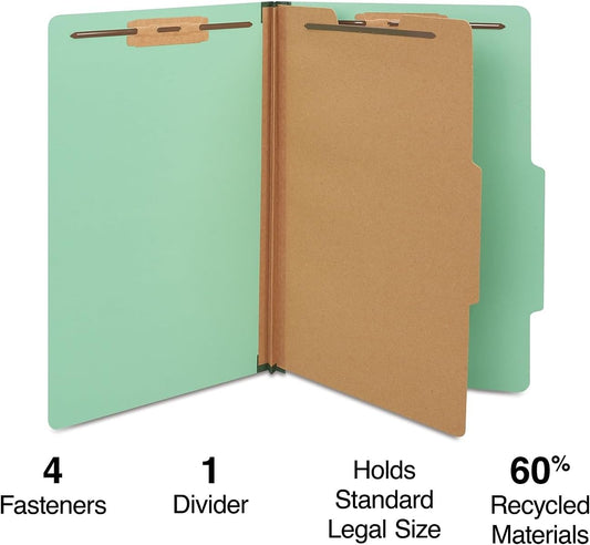 Staples Pressboard Classification Folders, Legal Size, 1‑Divider, 1.75" Expansion, Light Green, Heavy‑Duty Construction – 40/Carton