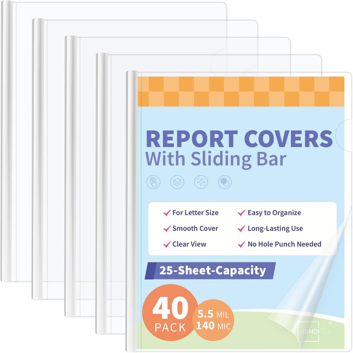 Binditek 12 Pack Clear Report Covers with Sliding Bars, 9mm Sliding Bar File Folder, 70 Sheet Capacity, Letter Size, 5.5 Mil Thick, White, for Students and Coworkers
