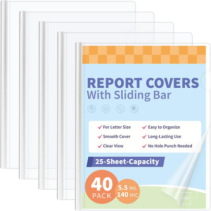 Binditek 12 Pack Clear Report Covers with Sliding Bars, 9mm Sliding Bar File Folder, 70 Sheet Capacity, Letter Size, 5.5 Mil Thick, White, for Students and Coworkers