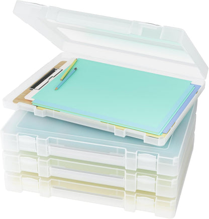 Denkee Large Paper Storage Box, 4 Pack Plastic Scrapbook Paper Storage Organizer with Handle for A4, 8.5 x 11 US Letter, Portable File Document Case, Board Game Storage