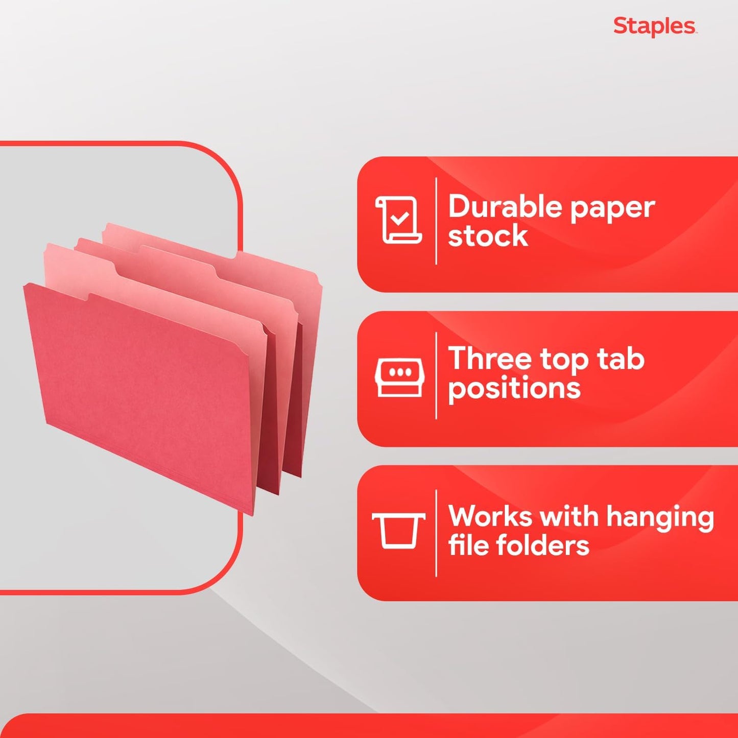 Staples File Folders, Letter Size, 1/3‑Cut Tabs, Purple, Durable 10.5‑Point Paper Stock, 100/Pack