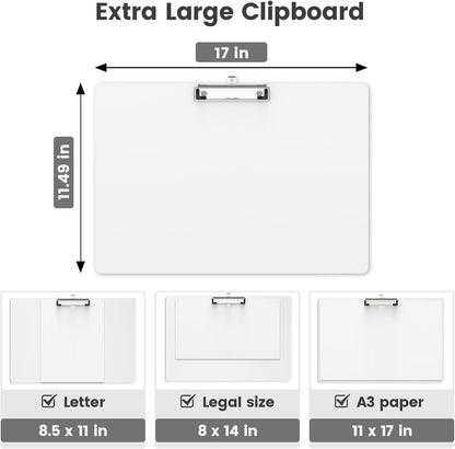 Extra Large 11x17 Clipboards, Plastic Black Drawing Boards, Horizontal Clip Board, Landscape Layout. Suitable for Watercolor, Sketching, Painting. Art & Drafting Supply