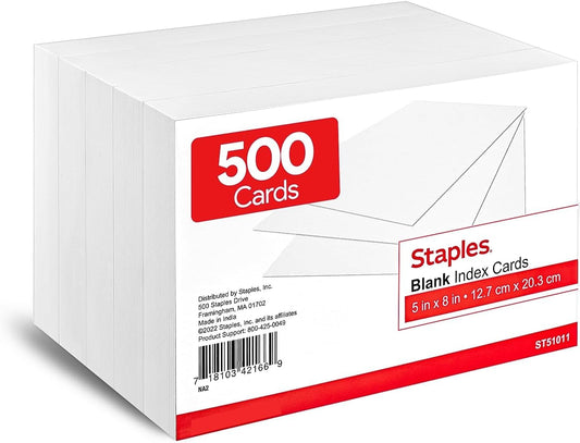 Staples Index Cards, 5" x 8", Blank, White, Acid‑Free, 500 Pack – Unruled Cards for Notes, Recipes & Presentations