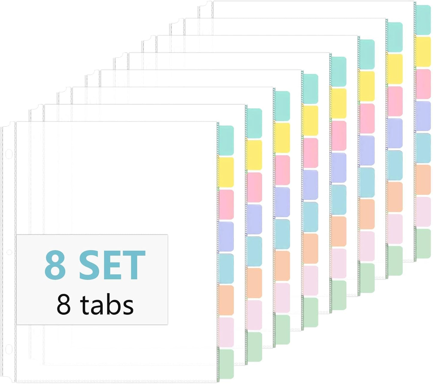 8 Set of 64 Pack Clear Binder Sheet Protectors for 3 Ring Binder Plastic Page Protector with 8 Tabs,Insertable Index Page Divider 8.5x11 Inch（Boho Color）