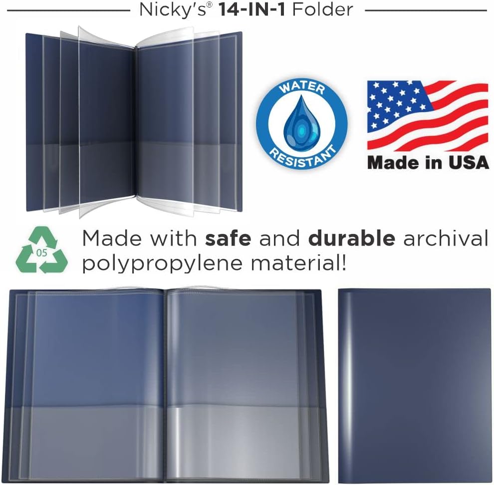 Nicky's® Multi Pocket Organizer, 10 or 14 Page Folder, Water Proof, Patented Tear-Resistant, Flexible Plastic, Proudly Made in USA, Binder Substitute. (10-in-1 Red)