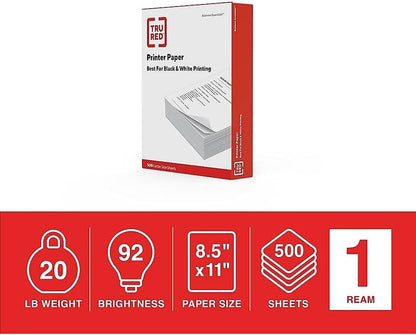 TRU RED 8.5x11 Copy Paper 20 lb. 92-Bright 5000 Sheets/Carton, For Office, School & Home