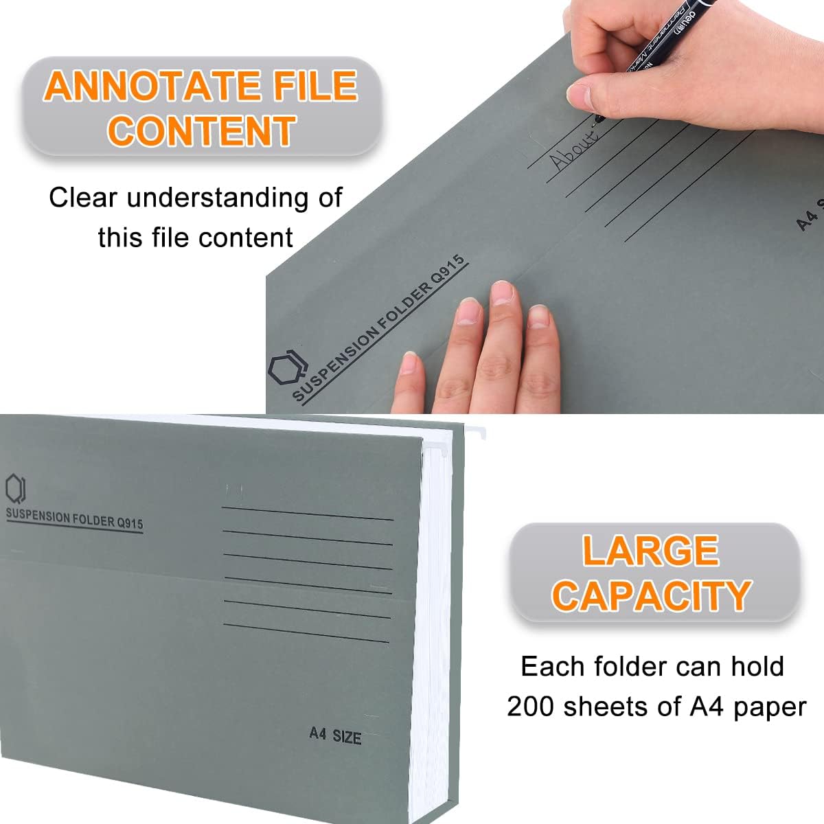 A4 Hanging File Folders, 25 Pcs Recycled Card File Folders for Filing Cabinet with Tabs and Card Inserts, Hanging Files Storage Folders for Office and School, Gray