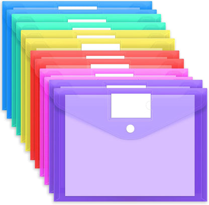 EOOUT 30 Pack 10 Color Plastic Envelopes Poly Envelopes, Hook & Loop Closure File Folders Clear Document Folders File Envelopes with Label Pocket A4 Size