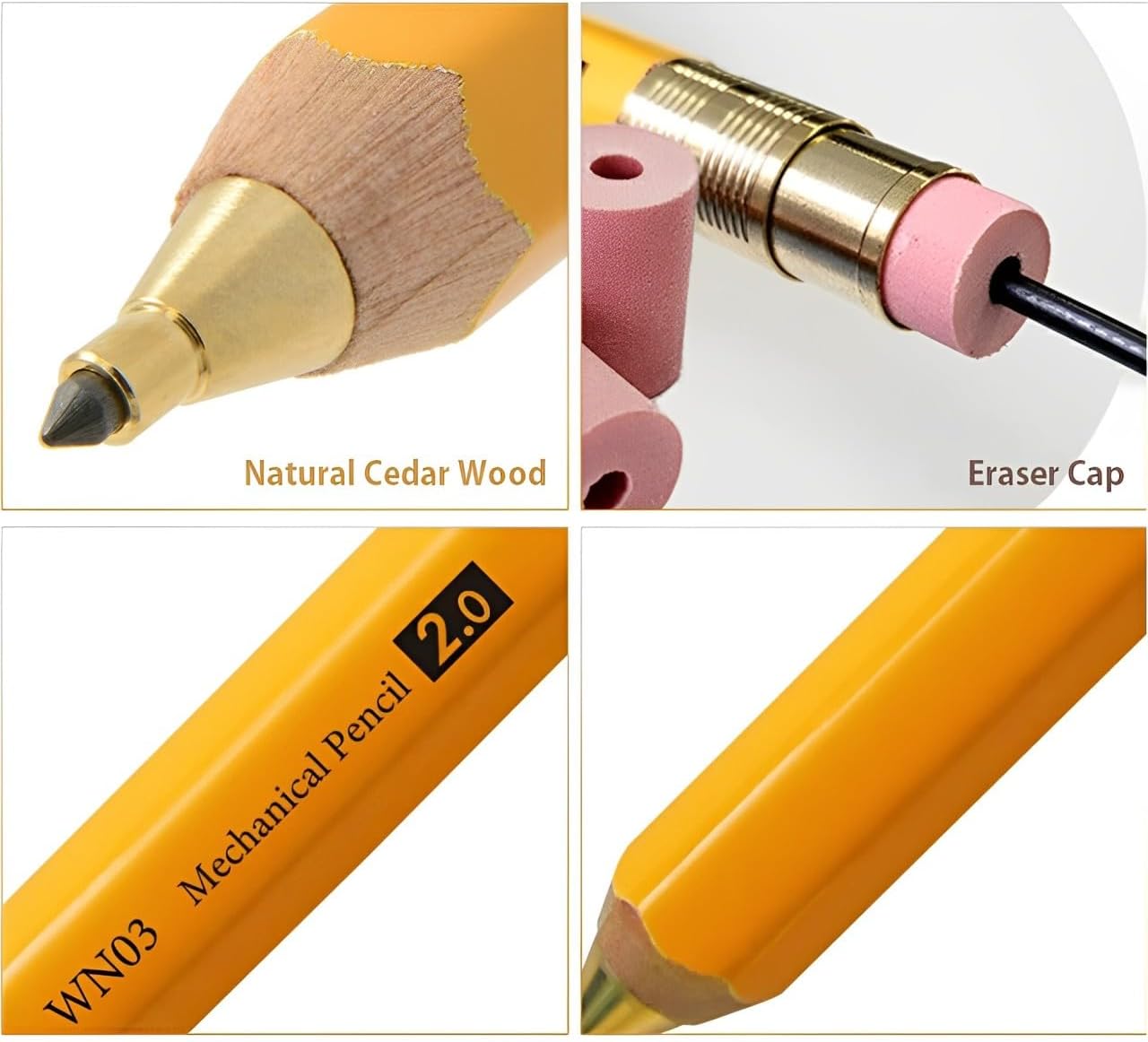 WN03 Wooden Mechanical Pencil Set, 2.0mm Extra Bold, Thick Barrel, Incense Cedar Natural Pencil with Lead Refills (HB, B), Eraser Refills, and Brass Sharpener for Writing, Sketching, Drawing