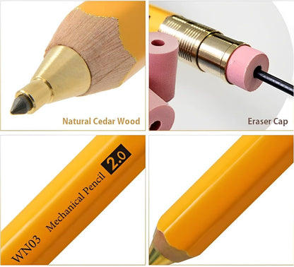 WN03 Wooden Mechanical Pencil Set, 2.0mm Extra Bold, Thick Barrel, Incense Cedar Dark Red Pencil with Lead Refills (HB, B), Eraser Refills, and Brass Sharpener for Writing, Sketching, Drawing