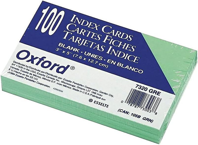 Oxford Blank Color Index Cards, 3" x 5", Green, 100 Per Pack (7320 GRE)