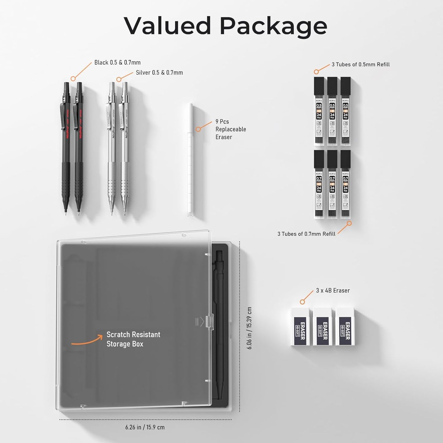 Nicpro 2 PCS Mechanical Pencils 0.5mm & 0.7 mm with Case, MP1000 Metal Artist Pencil Set with 4 Tubes HB Lead Refills, 2 Erasers, 9 Eraser Refills For Art Writing Drafting Drawing, Black & Silver