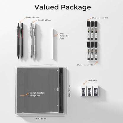 Nicpro 2 PCS Mechanical Pencils 0.5mm & 0.7 mm with Case, MP1000 Metal Artist Pencil Set with 4 Tubes HB Lead Refills, 2 Erasers, 9 Eraser Refills For Art Writing Drafting Drawing, Black & Silver