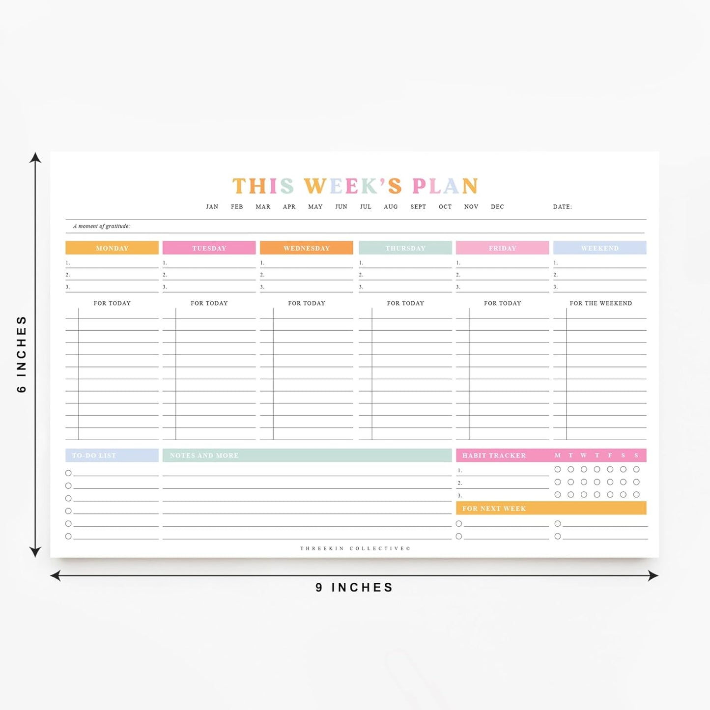ThreeKin Weekly Planner - Premium 52-Sheet Tear-Off Notepad, 8.5 x 11 inches, Clean Colorful Design, Perfect for Work, School, Projects, and Entrepreneurs, Female & USA Owned Business