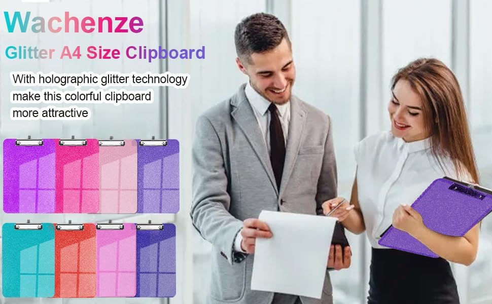 Sparkly Clipboard with Pen Holder, Clear Plastic Glitter Clip Board, Hanging Shiny Clipboards with Low Profile Metal Clip, Letter A4 Size for Taecher Women Office School (Rose Pink)