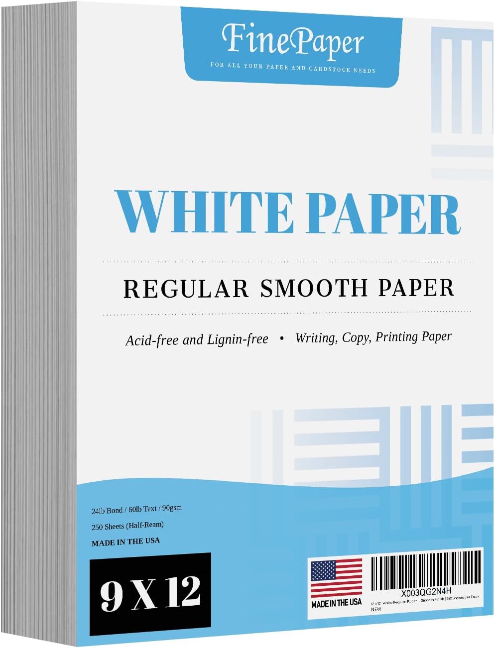 9" x 12" White Regular Paper – Multipurpose Office Paper for Copy, Printing and Writing | Inkjet and Laser Printer Compatible | 24lb Bond / 60lb Text / 90gsm – Smooth Finish | 250 Sheets per Pack
