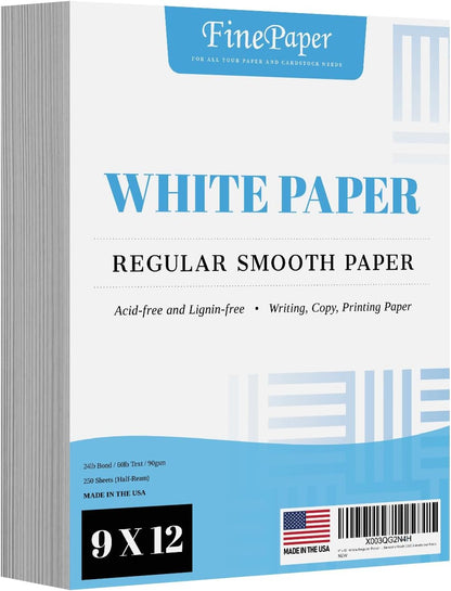 9" x 12" White Regular Paper – Multipurpose Office Paper for Copy, Printing and Writing | Inkjet and Laser Printer Compatible | 24lb Bond / 60lb Text / 90gsm – Smooth Finish | 250 Sheets per Pack
