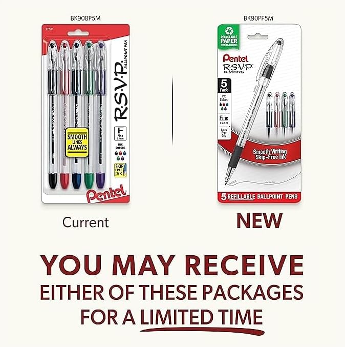 Pentel RSVP Ballpoint Pen, (0.7mm), Fine Line, Black Ink, Pack of 5 (BK90PF5A)