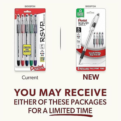Pentel RSVP Ballpoint Pen, (0.7mm), Fine Line, Black Ink, Pack of 5 (BK90PF5A)