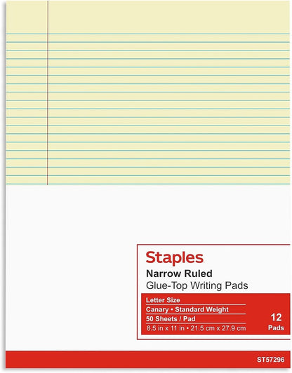 STAPLES Notepads, 8.5” x 11”, Narrow Ruled, White, 50 Sheets/Pad, 12‑Pack