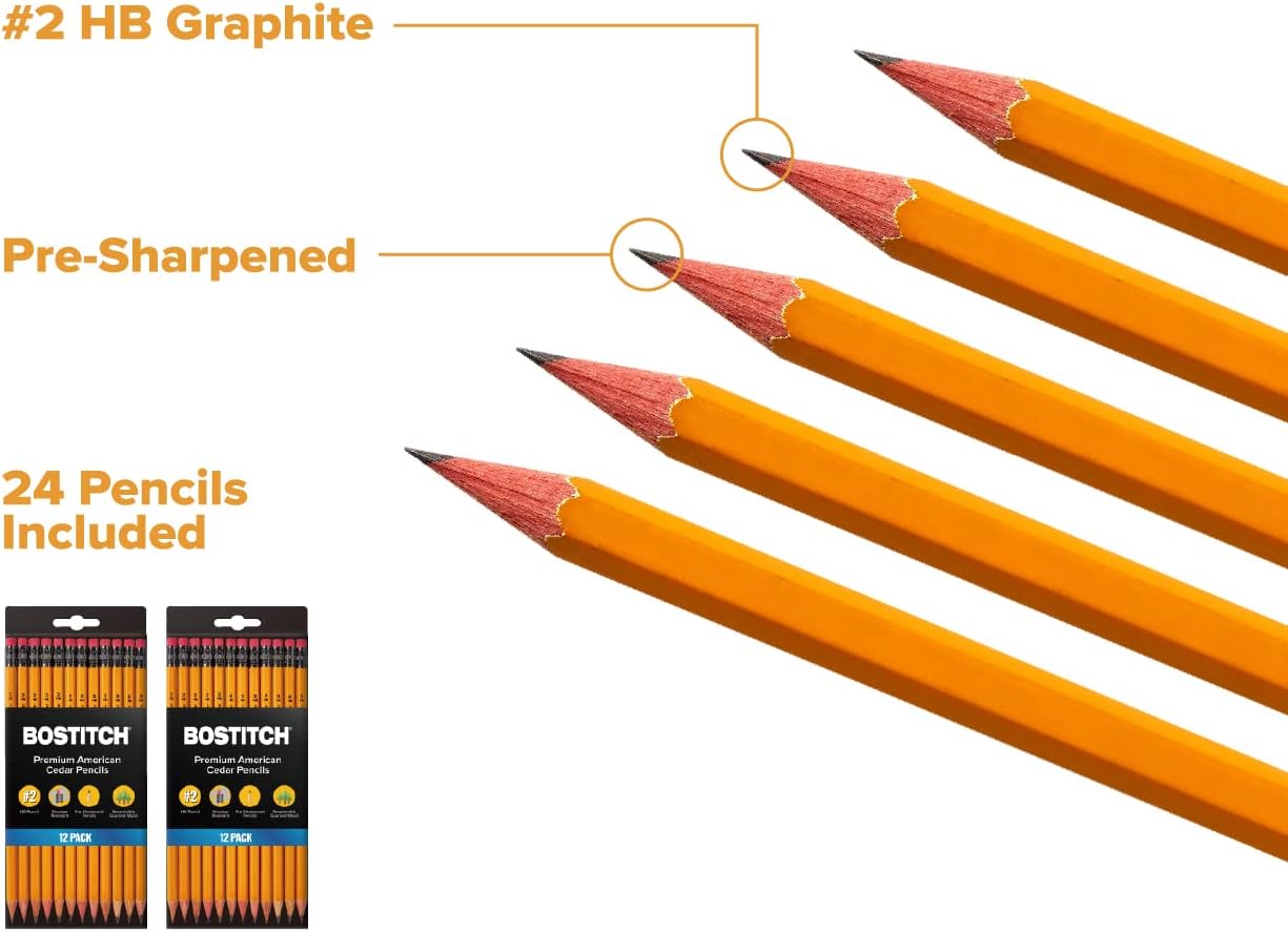 Bostitch Office Premium #2 Pencils, American Cedar Wood, Pre-Sharpened, HB Graphite, 12-Pack