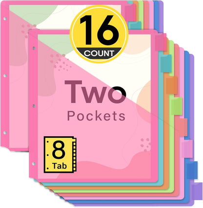 Taja 16 Count Dividers for 3 Ring Binder with Two Pockets, 8 Tabs Set, Plastic Binder Index Dividers, Perfect for Office & School Organization Supplies, Bright Colors, 2 Set