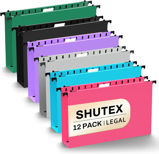 SHUTEX Extra Capacity Legal Size Hanging File Folders,12 Pack Reinforced Plastic Hanging Folder, Heavy Duty 2 Inch Expansion, Filing Cabinet Folders for Bulky Files, Medical Charts, Colorful
