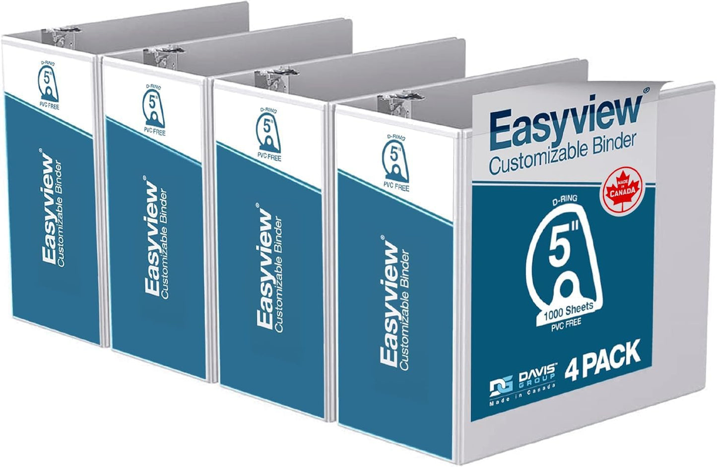 Easyview Premium 3-Ring Binders with Clear-View Covers and D Rings, Binders for School or Office, 5 Inch, Pack of 4, White