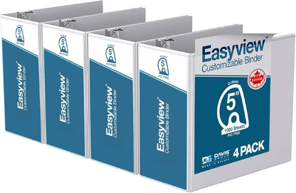 Easyview Premium 3-Ring Binders with Clear-View Covers and D Rings, Binders for School or Office, 5 Inch, Pack of 4, White