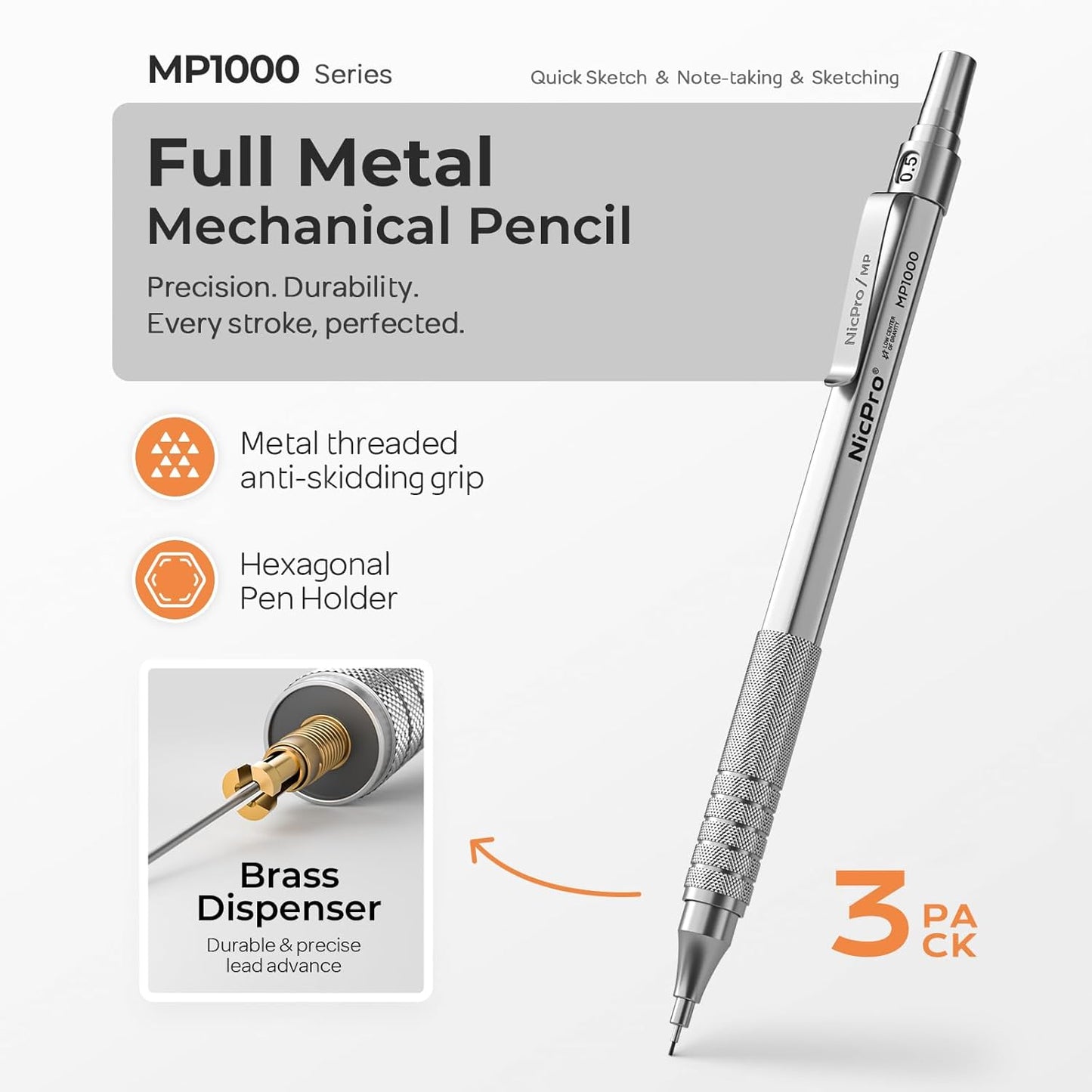 Nicpro 0.5 mm Mechanical Pencils Set with Case, 3 Metal Artist Pencil With 480PCS HB Lead Refills, 3 Erasers,9 Eraser Refills For Architect Art Writing Drafting, Drawing, Engineering, Sketching, Black