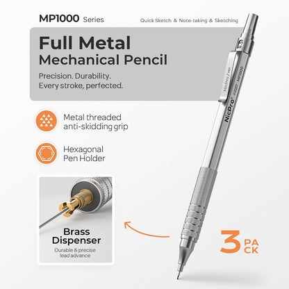 Nicpro 0.5 mm Mechanical Pencils Set with Case, 3 Metal Artist Pencil With 480PCS HB Lead Refills, 3 Erasers,9 Eraser Refills For Architect Art Writing Drafting, Drawing, Engineering, Sketching, Black