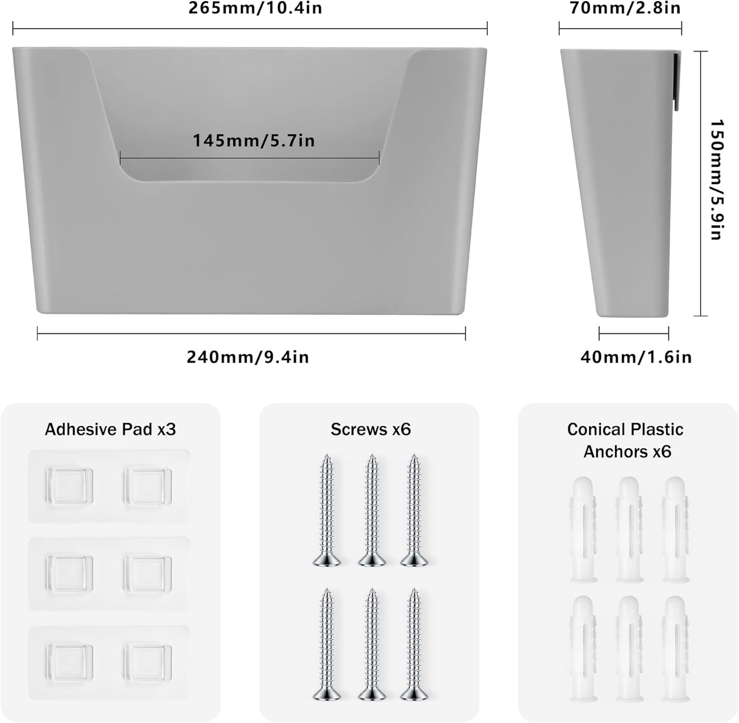 Jomola No Drilling Wall Mount File Holder - Office Wall Hanging Files & Magazines Organizer - Plastic Door Mount with Adhesive Pad, Gray (1 Count)