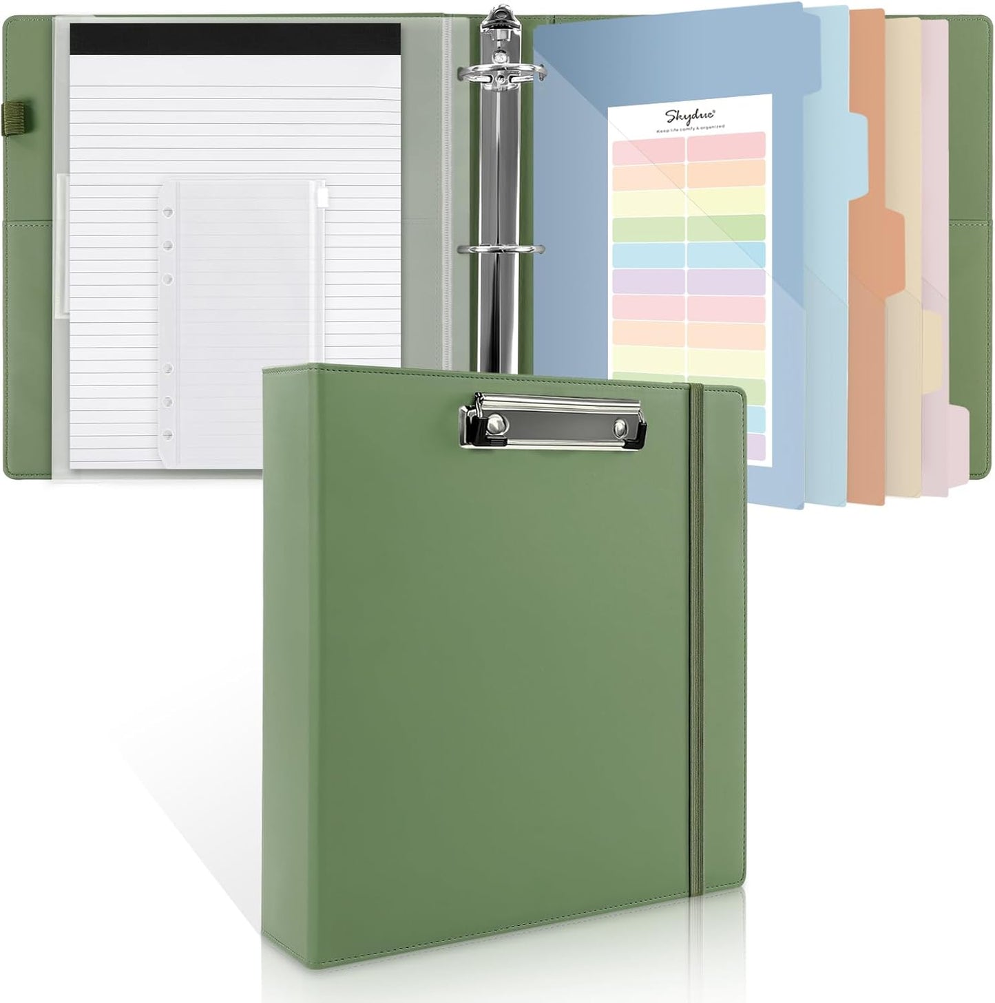 SKYDUE 3 Ring Binder with Clipboard,1 Inch Binder, 13.2" × 10.2" PU Clipboard Binder with Notepad & 5 Dividers with 5 Pockets, Labels, Clipboard Folder Great for School Office(Fit Letter Sized Paper)
