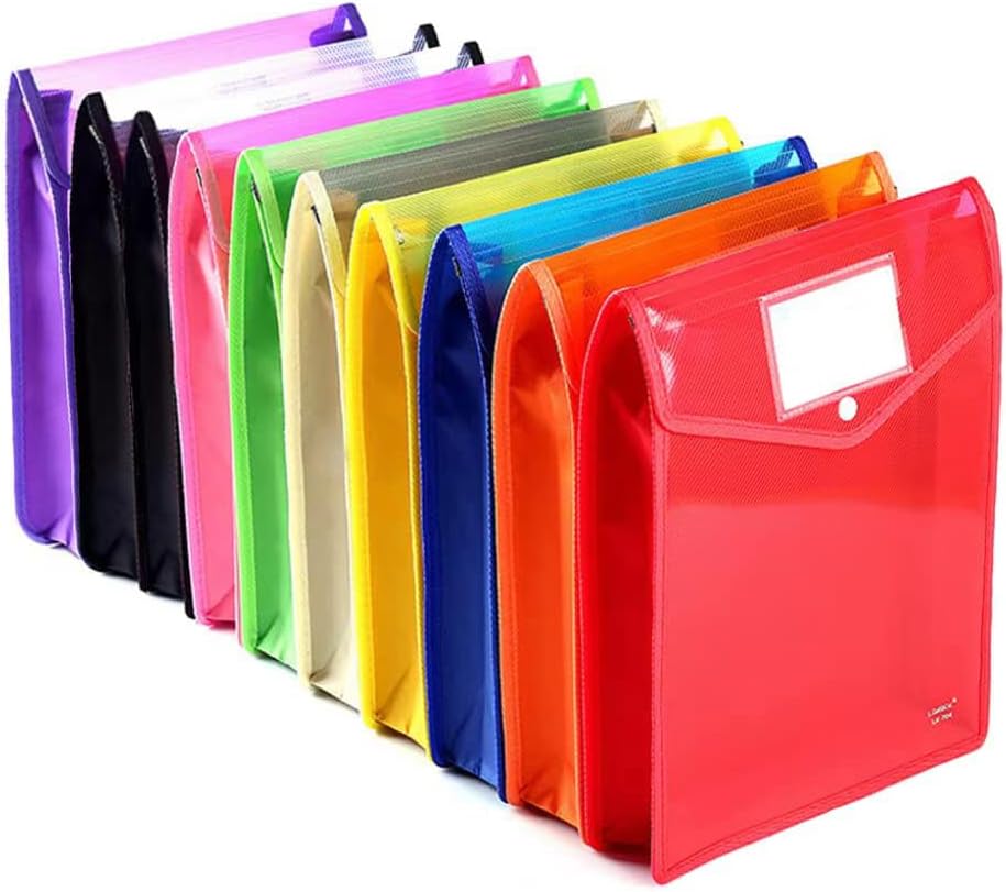 Plastic File Folder, 9 Pcs Large-Capacity Poly Envelope Expanding Wallet Document Folder Letter Size A4 Accordion File Pouch with Label Pocket, Snap Button for School Home Work Office Organization