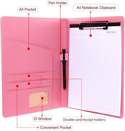 Pink Padfolio Clipboard Portfolio Folder with Pen - Geila PU Leather Resume Portfolio - Interview/Legal Document Organizer & Conference Folder for Business Office - with 8.5 x11In Writing Pad