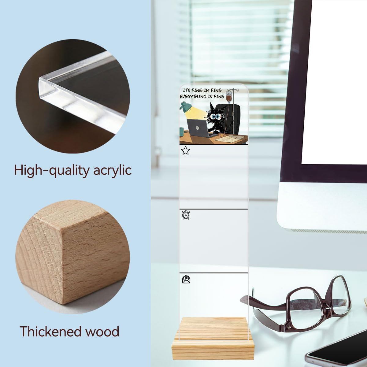Sticky Notes Monitor Memo Board Acrylic Note Holder with Removable Wooden Base, Everything is Fine Logo Desk Set Includes 200 Sheets Two Sizes Sticky Notes, Office Desk Accessories Organizer